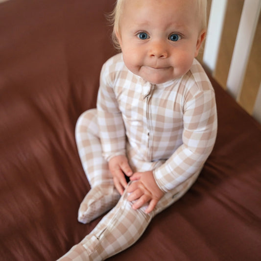 Pip + Phee - Bamboo Footie Sleeper (Tan Gingham)