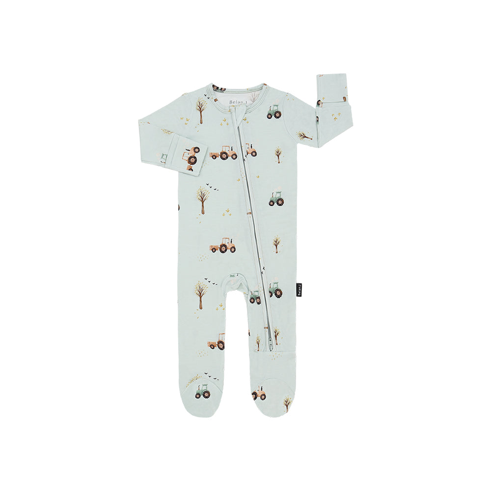 Belan J - Bamboo Footed Zipper Sleeper (Tractors)